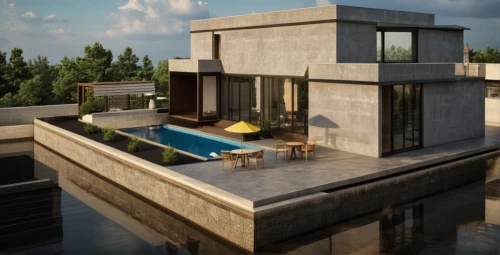 3d rendering,pool house,modern house,render,renders,dunes house,house by the water,roof top pool,3d render,3d rendered,roof landscape,modern architecture,cubic house,holiday villa,rendered,house with lake,roof terrace,revit,contemporary,mid century house