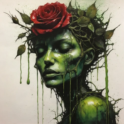 unseelie,green rose hips,wilted,dryad,persephone,thorns,decay,overgrowth,spray roses,dried rose,splintered,way of the roses,gangrene,viveros,seelie,fallen petals,dead bride,flora,overgrown,poisoned,Illustration,Abstract Fantasy,Abstract Fantasy 18
