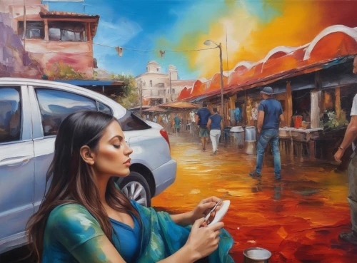 the festival of colors,woman holding a smartphone,adnate,welin,world digital painting,by chaitanya k,girl making selfie,mexican painter,indian art,oil painting on canvas,art painting,colorful city,madras,india,misal,street artist,jagannathan,girl washes the car,oil painting,street artists,Illustration,Paper based,Paper Based 04