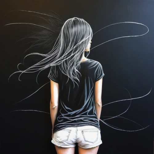 chalk drawing,chalk blackboard,chalkboard background,girl drawing,girl walking away,chalk,grafite,chalk outline,chalk board,graffiti art,girl in t-shirt,girl in a long,girl from behind,blackboard,graffiti,chalkboards,wall paint,traces of chalk,painted wall,blackboards,Illustration,Realistic Fantasy,Realistic Fantasy 23