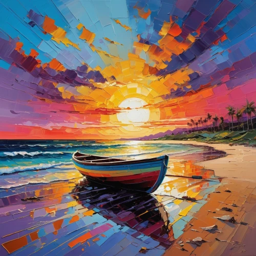 beach landscape,boat landscape,colorful background,sea landscape,beach background,sunrise beach,beautiful beach,colorful water,sun and sea,seascape,sunset beach,boat on sea,beach scenery,painting technique,coast sunset,dream beach,paraiso,coastal landscape,pittura,world digital painting,Conceptual Art,Oil color,Oil Color 07