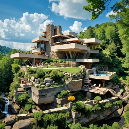 fallingwater,house in the mountains,house in mountains,skylands,taliesin,rivendell,dreamhouse,tree house hotel,beautiful home,log home,luxury property,forest house,cliffside,house by the water,ecotopia,mountain settlement,branson,luxury home,mountainside,building valley