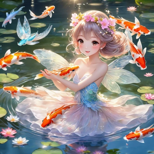mermaid background,water nymph,flower fairy,fairy,lily pond,fairie,kupala,fairies,koi pond,little girl fairy,fairy galaxy,garden fairy,underwater background,fairy world,fairies aloft,butterfly swimming,lilly pond,lilies,oceanica,nami,Illustration,Japanese style,Japanese Style 01