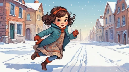 winter background,cute cartoon image,snow scene,girl walking away,syberia,winter dress,winter clothes,winter clothing,giaimo,christmas snowy background,snow drawing,game illustration,winter,snowsuit,little girl in wind,kids illustration,snowville,wintery,little girl running,snowflake background,Illustration,Children,Children 04