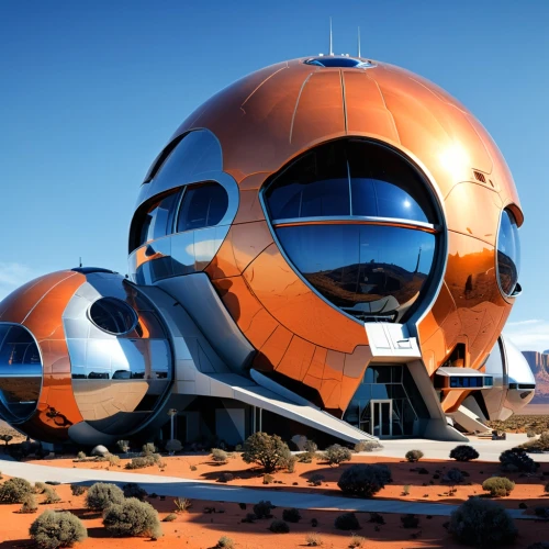 futuristic art museum,arcosanti,futuristic architecture,spaceport,solar cell base,bonestell,futuristic landscape,earthship,chemosphere,odomes,cosmodrome,spaceports,jetsons,biospheres,arcology,roof domes,archigram,sky space concept,paranal,graecorum,Photography,General,Realistic