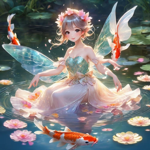 water nymph,flower fairy,fairie,fairy,kupala,garden fairy,mermaid background,butterfly swimming,koi pond,fairies,axolotl,koi,underwater background,mermin,little girl fairy,lilies,fairy queen,oceanica,nami,faerie,Illustration,Japanese style,Japanese Style 01