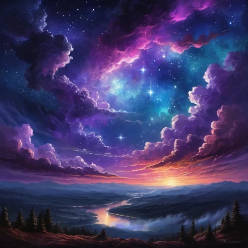 purple landscape,night sky,the night sky,nightsky,fantasy landscape,colorful stars,fantasy picture,dreamscape,sky,fairy galaxy,rainbow and stars,unicorn background,galaxy,landscape background,starscape,epic sky,star sky,space art,starry sky,nebulos,Conceptual Art,Fantasy,Fantasy 09