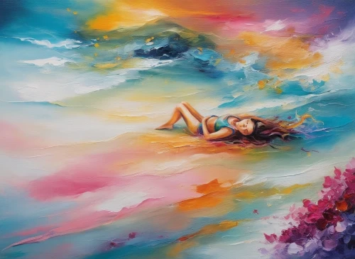 girl lying on the grass,dreamscapes,dream art,oil painting on canvas,art painting,pintura,dreamscape,woman laying down,fluidity,colorful background,peinture,girl on the dune,mermaid background,sea landscape,oil painting,belly painting,flotation,exhilaration,relaxed young girl,dreamtime,Illustration,Paper based,Paper Based 04
