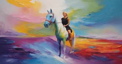 colorful horse,painted horse,unicorn art,oil painting on canvas,equestrian,horsewoman,equitation,dressage,cheval,arabian horse,white horse,lighthorse,carousel horse,caballo,a white horse,horseback,racehorse,unicorn background,palomino,equine,Illustration,Paper based,Paper Based 04