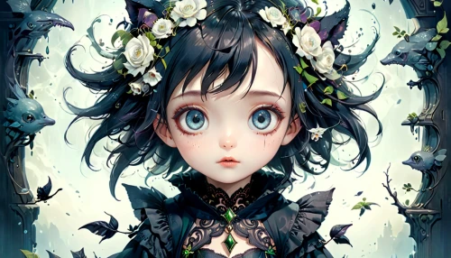 fairie,little girl fairy,gothic portrait,flower fairy,fairy tale character,falling flowers,faerie,girl in a wreath,fairy queen,aoi,butterfly background,fairy,theorin,amano,mystical portrait of a girl,marionette,royo,evil fairy,transparent background,belladonna,Anime,Anime,Traditional