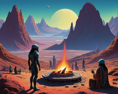 sci fiction illustration,campfire,moon valley,alien planet,futuristic landscape,farpoint,barsoom,desert planet,lunar landscape,desert landscape,fire planet,campfires,valley of the moon,digital nomads,extrasolar,alien world,desert background,fremen,desert desert landscape,cauldrons,Conceptual Art,Sci-Fi,Sci-Fi 20