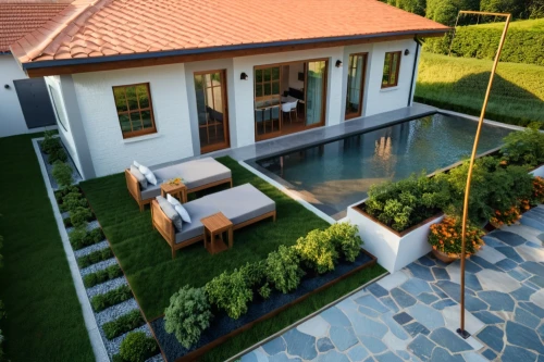 3d rendering,holiday villa,landscaped,pool house,roof landscape,artificial grass,modern house,beautiful home,floorplan home,house roof,golf lawn,garden elevation,green lawn,residential house,rumah,luxury property,private house,luxury home,grass roof,render,Photography,General,Realistic