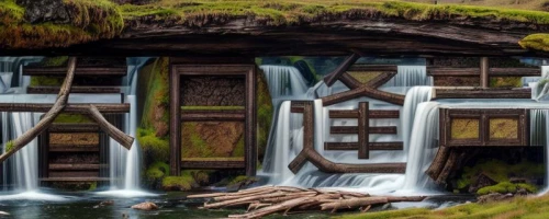 water mill,watermill,waterwheels,waterwheel,watermills,icelandic houses,brown waterfall,water wheel,log home,cartoon video game background,waterval,log cabin,world digital painting,stilt houses,skogafoss,waterfalls,water falls,wooden houses,outhouses,waterfall,Realistic,Landscapes,Icelandic