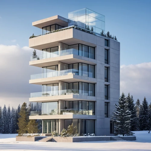 residential tower,kopaonik,sky apartment,penthouses,3d rendering,modern house,cubic house,modern architecture,winter house,appartment building,multistorey,escala,renaissance tower,revit,glass facade,snow house,modern building,snow roof,cantilevered,inmobiliaria,Photography,General,Realistic