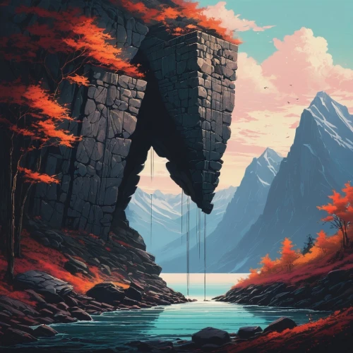 autumn mountains,fantasy landscape,fall landscape,mountains,futuristic landscape,landscape background,mountain landscape,paisaje,cliffside,high landscape,autumn landscape,mountainous landscape,virtual landscape,mountain world,mountain scene,world digital painting,autumn background,chasm,cliffs,valley,Conceptual Art,Fantasy,Fantasy 32