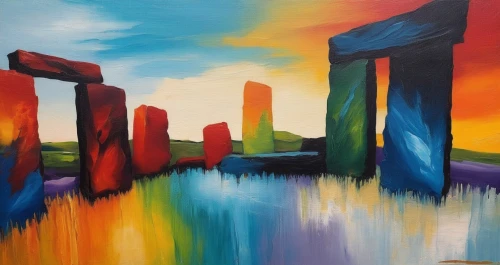 stonehenge,standing stones,henge,monoliths,megalith,monolith,megaliths,rainbow bridge,megalithic,abstract painting,painting technique,pillars,stone henge,menhirs,danxia,oil on canvas,stone arch,stone circle,acrylic paint,oil painting on canvas,Illustration,Paper based,Paper Based 04