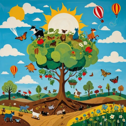 locoroco,apple orchard,apple tree,apple mountain,apple trees,bishvat,children's background,appletree,tillerman,farm animals,balloon fiesta,balloon trip,fruit tree,cd cover,kites balloons,apple plantation,game illustration,balloonists,agroforestry,orchard,Art,Artistic Painting,Artistic Painting 07