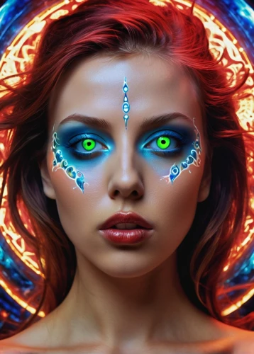 neon body painting,neon makeup,psytrance,cosmic eye,peacock eye,telepath,fantasy art,tantrik,holography,third eye,bodypaint,bodypainting,fantasy portrait,shamanic,fluorescence,fantasy woman,body painting,overlaid,afrofuturism,women's eyes,Illustration,Realistic Fantasy,Realistic Fantasy 37