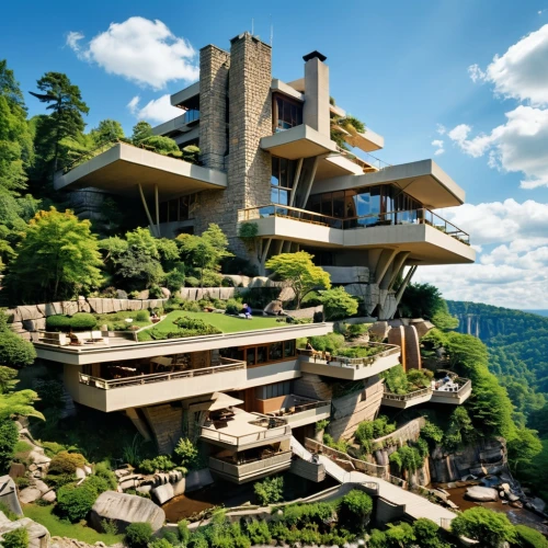 fallingwater,futuristic architecture,cantilevered,tree house hotel,yavin,cantilevers,ecotopia,house in the mountains,modern architecture,dreamhouse,taliesin,habitat 67,arcology,house in mountains,asian architecture,kimmelman,sky apartment,arhitecture,luxury property,rivendell