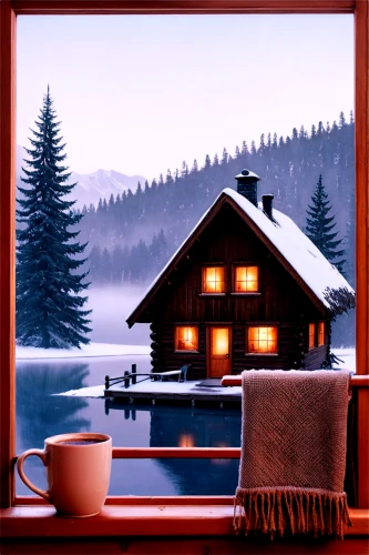 winter background,winter house,christmas snowy background,snow scene,winter morning,home landscape,houses clipart,christmas landscape,warm and cozy,snowy landscape,winter landscape,snow landscape,winter village,cup of cocoa,chalet,coffee background,cottage,snowy still-life,winters,snowhotel,Illustration,Retro,Retro 16