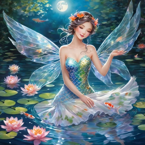 water nymph,fairie,sirena,flower fairy,fairy peacock,faerie,fairy,faery,mermaid background,fantasy picture,anjo,rosa 'the fairy,constellation swan,fairy queen,water lotus,garden fairy,ophelia,kupala,fantasy art,sirene,Illustration,Abstract Fantasy,Abstract Fantasy 13