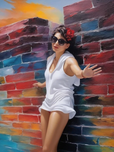 mexican painter,photo painting,painted block wall,painted wall,bodypainting,wall paint,photographic background,colorful background,winehouse,portrait background,pin-up model,chicana,background colorful,cuba background,dance with canvases,wall painting,creative background,art painting,pin-up girl,wynwood,Illustration,Paper based,Paper Based 04