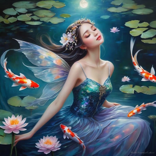 water nymph,sirene,amphitrite,mermaid background,dubbeldam,water lotus,the sea maid,sirena,mermaid,fantasy art,naiad,believe in mermaids,lotus blossom,fairie,faery,fantasy picture,dreamscapes,faerie,fairy peacock,merfolk,Illustration,Realistic Fantasy,Realistic Fantasy 30