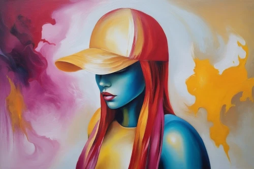 girl wearing hat,oil painting on canvas,welin,oil on canvas,the hat-female,elektra,oil painting,woman thinking,pintura,art painting,jasinski,girl with a dolphin,woman's hat,mystical portrait of a girl,spray paint,aura,buckethead,mystique,girl in a long,the hat of the woman,Illustration,Paper based,Paper Based 04