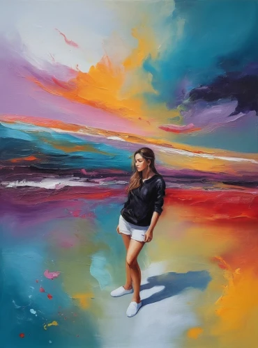 girl walking away,oil painting on canvas,world digital painting,little girl in wind,art painting,colorful background,woman walking,girl on the river,oil painting,pittura,mousseau,pintura,photo painting,girl in a long,oil on canvas,girl on the dune,digital painting,painting technique,dream art,levinthal,Illustration,Paper based,Paper Based 04