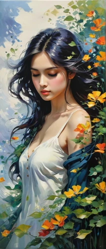 girl in flowers,girl in the garden,diwata,vietnamese woman,oil painting on canvas,flower painting,jasmine blossom,beautiful girl with flowers,girl picking flowers,oil painting,asian woman,art painting,flora,xiaofei,girl on the river,water nymph,falling flowers,primavera,radha,mystical portrait of a girl,Conceptual Art,Fantasy,Fantasy 03