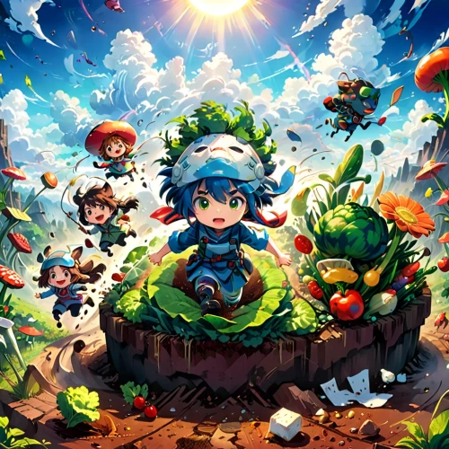 maplestory,mushroom island,mushroom landscape,game illustration,blue mushroom,hoenn,toadstools,little world,nausicaa,kaban,overworld,fairy world,forest mushroom,frog gathering,oras,toadstool,kids illustration,bulbasaur,studio ghibli,fairy forest,Anime,Anime,Traditional