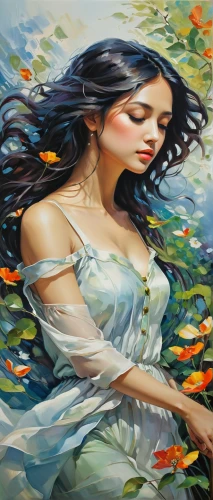 girl in flowers,oil painting on canvas,girl in the garden,girl picking flowers,diwata,oil painting,pittura,art painting,girl lying on the grass,radha,girl on the river,girl in a long dress,jasmine blossom,beautiful girl with flowers,vietnamese woman,young woman,juliet,primavera,glass painting,flower painting,Conceptual Art,Fantasy,Fantasy 03