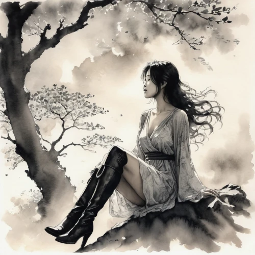 girl with tree,ink painting,guqin,japanese woman,geisha girl,watercolor background,wuxia,woman silhouette,hoshihananomia,jinling,japanese art,watercolor painting,diaochan,dryad,yufeng,girl in a long,cherry tree,fantasy portrait,rukia,mystical portrait of a girl,Illustration,Paper based,Paper Based 30