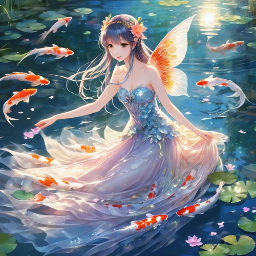 water nymph,fairie,mermaid background,kupala,nami,flower fairy,fairy,koi,fairy galaxy,rusalka,ophelia,koi pond,garden fairy,mermaid,sirena,lily water,fantasia,mermaid tail,underwater background,naiad,Illustration,Japanese style,Japanese Style 03