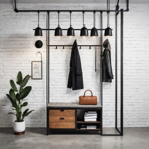 scandinavian style,walk-in closet,mudroom,loft,garment racks,modern decor,officine,shelving,closets,krakoff,showroom,wardrobes,modern style,danish furniture,contemporary decor,coat hooks,wardrobe,wooden shelf,bittar,hanging lamp,Unique,Design,Logo Design