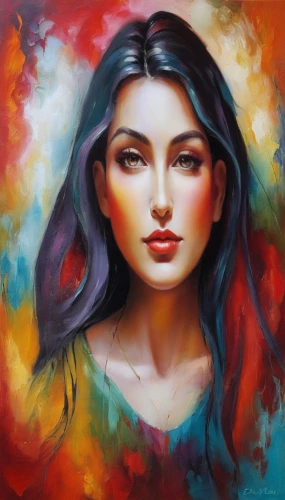 art painting,oil painting on canvas,mystical portrait of a girl,girl portrait,world digital painting,italian painter,oil painting,woman face,peinture,romantic portrait,young woman,colorful background,adnate,woman's face,photo painting,painter,woman portrait,fantasy portrait,pintura,bohemian art,Illustration,Paper based,Paper Based 04