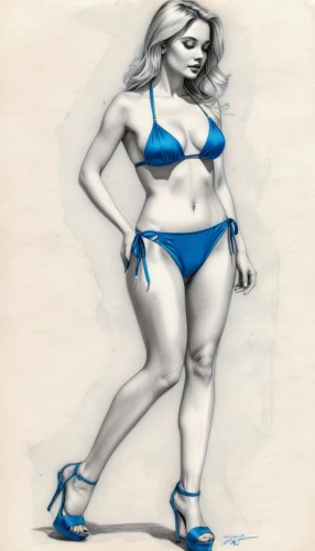 advertising figure,watercolor pin up,blue painting,female model,female swimmer,watercolor blue,azzurro,swimmer,pop art woman,pin-up girl,annemone,pin-up model,female body,mazarine blue,shanna,gabourey,radebaugh,rotoscoped,body positivity,pencil color,Illustration,Black and White,Black and White 30