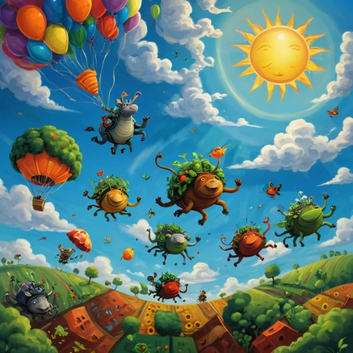 cartoon video game background,mushroom landscape,children's background,balloon trip,colorful balloons,balloons flying,zoombinis,kites balloons,btd,game illustration,platformers,mobile video game vector background,flying seeds,balloon fiesta,balloonists,bloons,locoroco,paisaje,world digital painting,ballooning,Conceptual Art,Fantasy,Fantasy 16