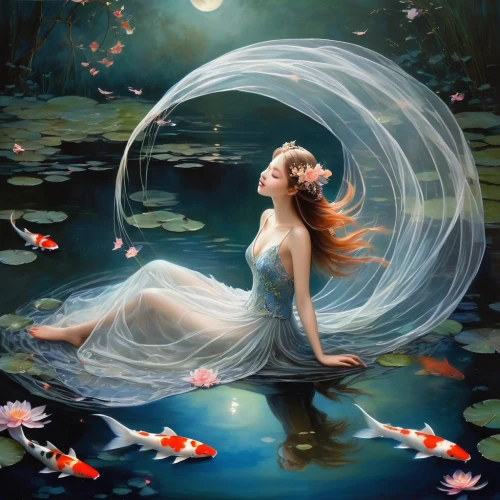 ophelia,heatherley,naiad,faery,faerie,sirene,amphitrite,fantasy picture,dubbeldam,enchantment,naiads,fathom,dreamscapes,fantasy art,persephone,watery heart,fairy queen,mystical portrait of a girl,dreamtime,submerged,Illustration,Realistic Fantasy,Realistic Fantasy 16