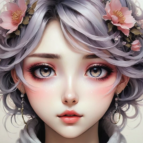 doll's facial features,porcelain doll,lilac blossom,porcelain dolls,kommuna,artist doll,fantasy portrait,painter doll,mystical portrait of a girl,lavender blush,flower fairy,haru,japanese doll,girl doll,violet eyes,female doll,hoshihananomia,beautiful girl with flowers,like doll,suri,Illustration,Abstract Fantasy,Abstract Fantasy 14