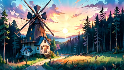windmill,old windmill,house in the forest,little house,fairy chimney,witch's house,the windmills,summer cottage,fairy house,windmills,lonely house,cottage,wind mill,home landscape,fairy village,windpump,knight village,countryside,summer evening,small cabin,Anime,Anime,Traditional