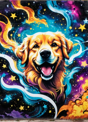 cheerful dog,golden retriever,dog illustration,retriever,golden retriver,watercolor dog,dog drawing,color dogs,crayon background,colorful stars,dog angel,doggart,venkman,astro,goldens,constellation wolf,cosmic,dog cartoon,welin,fire background,Conceptual Art,Graffiti Art,Graffiti Art 07