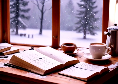 snowy still-life,winter background,winter window,coffee and books,christmas snowy background,snow scene,winter morning,tea and books,snowfalls,winter dream,winter magic,winter mood,wintry,winter,winters,in winter,in the winter,snowy landscape,snowfall,wintery,Conceptual Art,Oil color,Oil Color 24