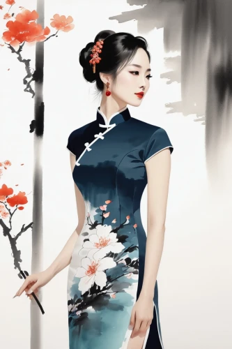 geisha girl,cheongsam,geisha,oriental painting,plum blossom,japanese floral background,oiran,geishas,japanese woman,japanese art,oriental princess,hanfu,plum blossoms,xiaofei,qipao,oriental girl,yimou,guqin,yifei,maiko,Illustration,Japanese style,Japanese Style 09