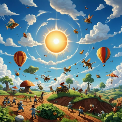 airships,balloon trip,kites balloons,balloons flying,balloon fiesta,balloonists,flying seeds,airship,balloonist,cartoon video game background,ballooning,colorful balloons,zeppelins,gas balloon,bloons,kites,mushroom landscape,world digital painting,fantasy picture,kaleidoscape