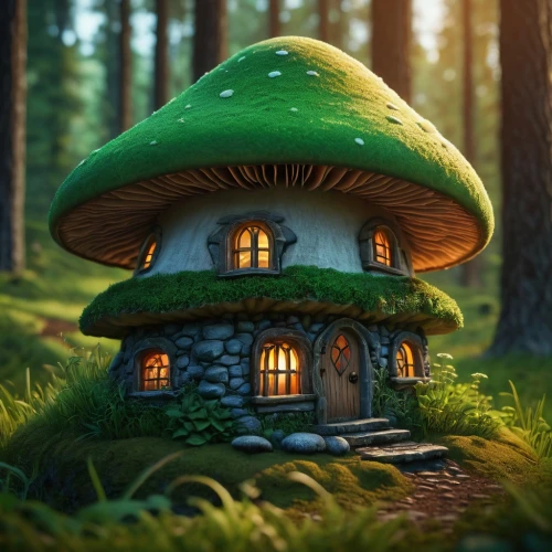 fairy house,mushroom landscape,mushroom island,forest mushroom,fairy village,house in the forest,fairy door,little house,fairy chimney,greenhut,miniature house,round hut,3d render,tree mushroom,witch's house,toadstool,mushroom hat,forest house,small house,tree house,Photography,General,Fantasy