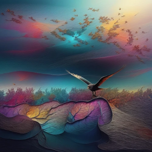 butterfly background,colorful birds,sky butterfly,dreamscapes,fantasy picture,bird of paradise,birds of paradise,world digital painting,isolated butterfly,birds in flight,flying birds,migration,rainbow butterflies,migrate,fantasy landscape,butterfly isolated,bird kingdom,aurora butterfly,hummingbirds,fantasy art,Illustration,Paper based,Paper Based 04