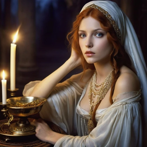 priestess,behenna,noblewoman,jeweller,lucrezia,romantic portrait,noblewomen,candlelit,golden candlestick,demelza,estess,victorian lady,ariadne,candlemas,celtic woman,isolde,guinevere,candelight,jingna,candlemaker,Illustration,Realistic Fantasy,Realistic Fantasy 14