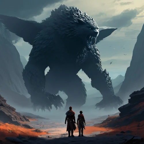 behemoths,glaurung,warrior and orc,mondor,encounter,gigantic,guards of the canyon,kaijuka,barghuti,dreadnaught,gravemind,guardians,fallen giants valley,beheira,game illustration,behemoth,black dragon,heroic fantasy,dragon slayer,highborn,Conceptual Art,Fantasy,Fantasy 02