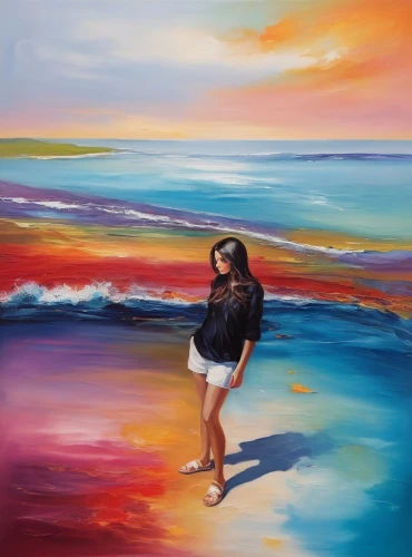 colorful background,photo painting,beach background,girl on the dune,impressionist,girl walking away,world digital painting,art painting,girl in a long,mousseau,background colorful,pittura,walk on the beach,coloristic,creative background,rainbow background,seascape,exploration of the sea,woman walking,overpainting,Illustration,Paper based,Paper Based 04